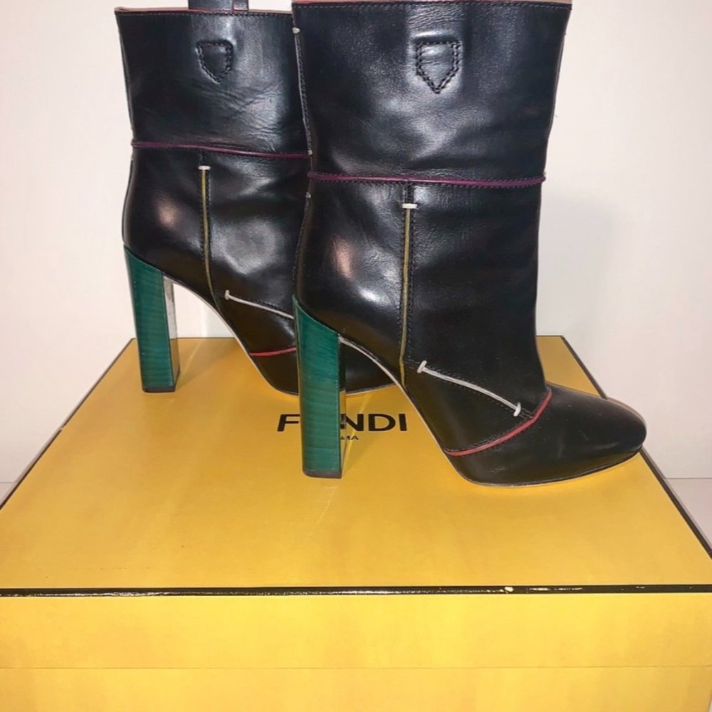 Fendi Black Leather Ankle Boot with a Green block heel